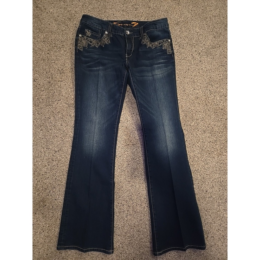 Women's Seven7 BLING Boot Flare Wide Leg Jeans Stretchy Size 10 Dark Wash Y2k - Picture 3 of 9